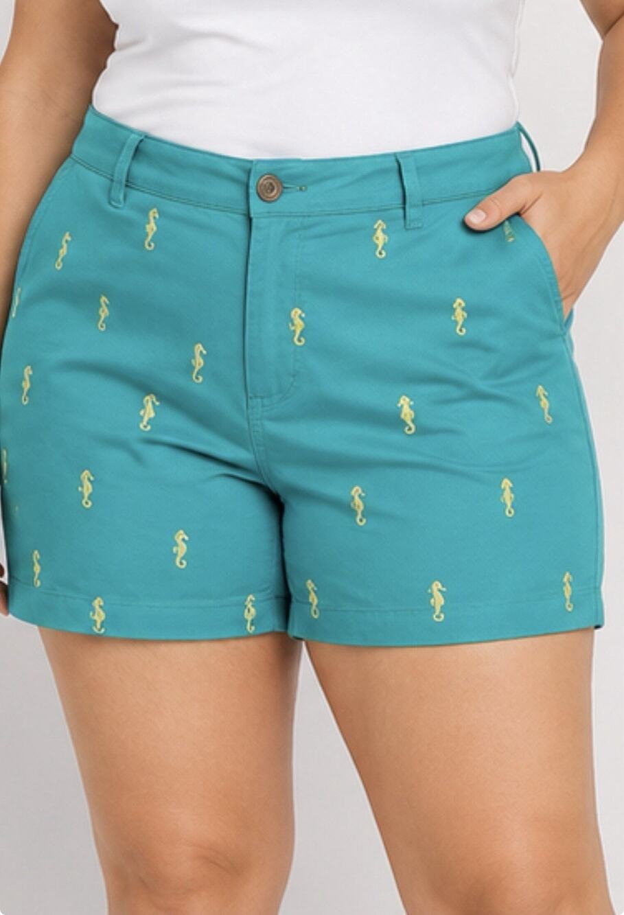 Old Navy Womens Size 24 Teal Blue Seahorse Embroidered Chino Shorts Plus Size